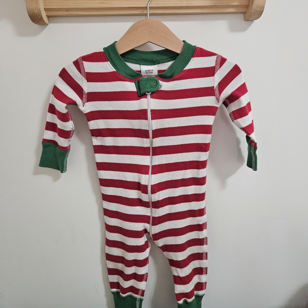 Hanna Andersson Red and White Striped Footie with Green Trim